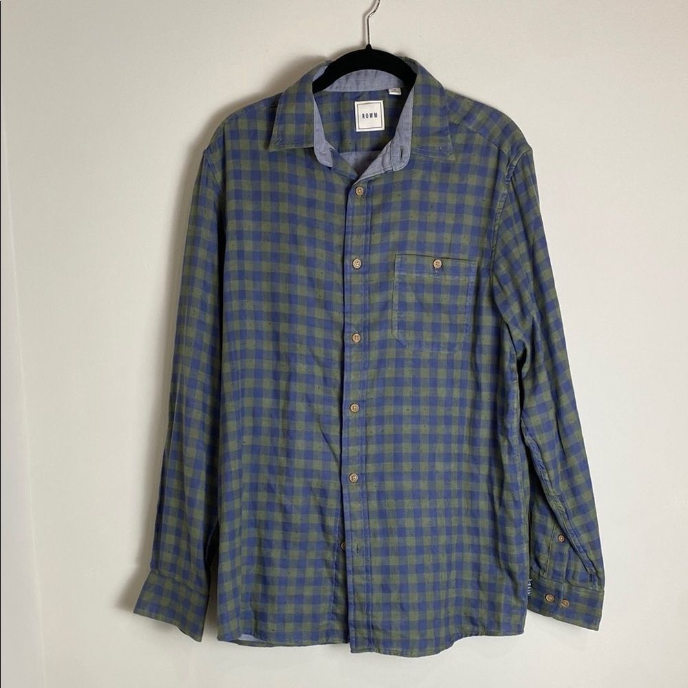 ROWM Green Blue Plaid Checkered Button Down Cotton Long Sleeved Shirt M